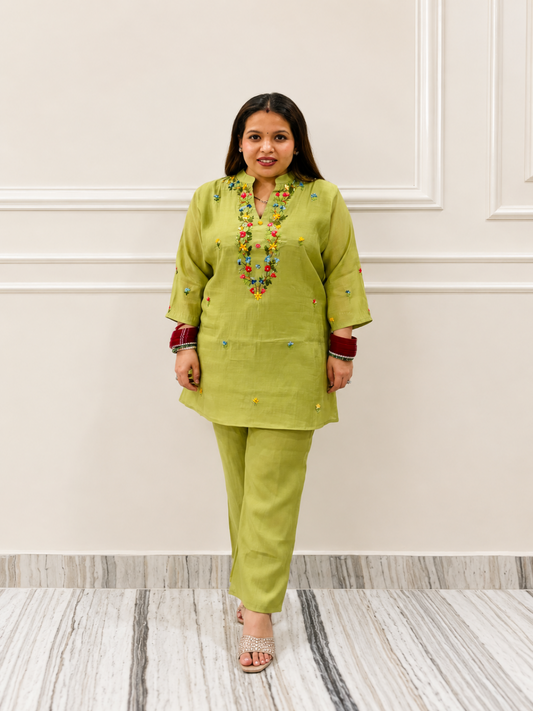 Olive Bloom Embroidered Mal Chanderi Co-Ord Set