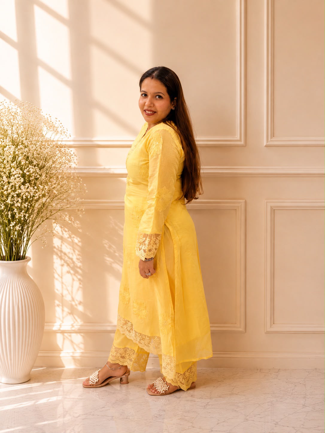 Lemon Luxe Embroidered Cotton Suit Set