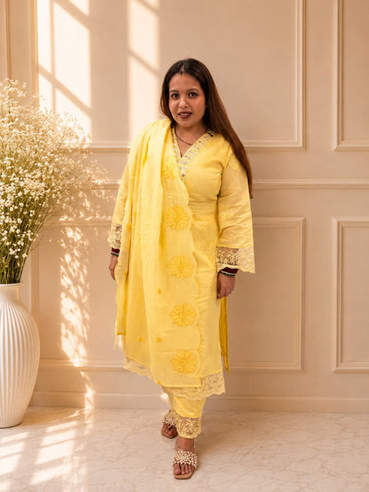 Lemon Luxe Embroidered Cotton Suit Set
