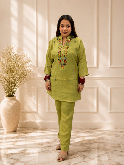Olive Bloom Embroidered Co-Ord Set